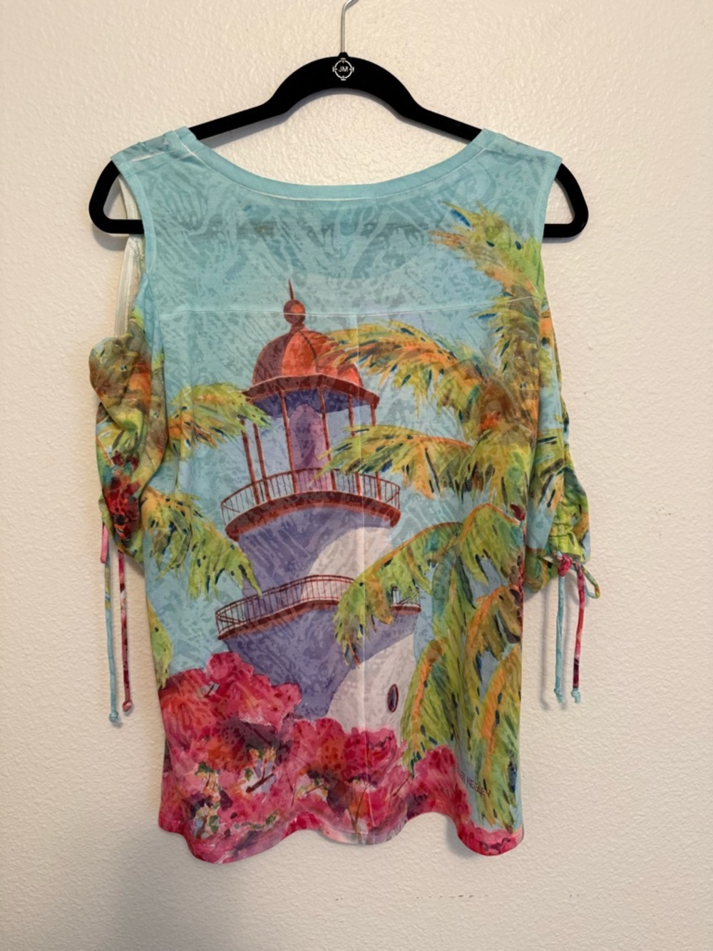 Tropical Turquoise Print Cold-Shoulder Top Size Petite Large - Picture 2 of 5